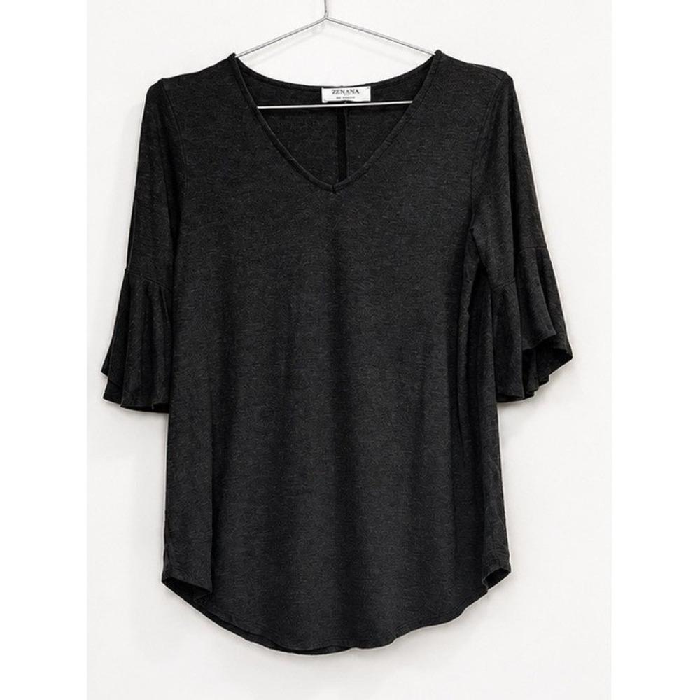 Zenana Charcoal Gray Bell Sleeve Top Soft Minimalist V Neck Blouse Small